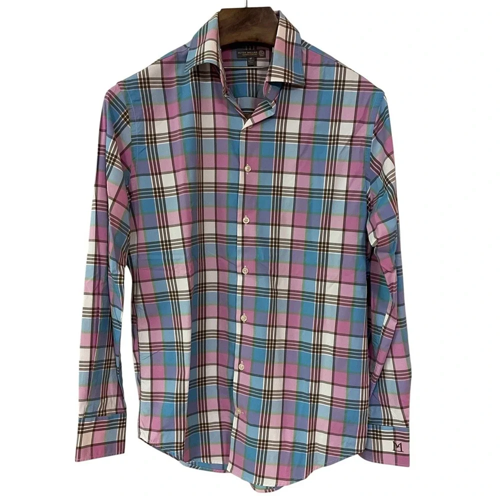 Peter Millar‎ Summer Comfort Performance Mens Pink Blue Plaid Button Up Shirt M